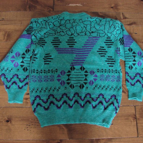 Vintage Green Purple Black Unbranded Geometric Shoulder Pads Crewneck Sweater - Picture 11 of 11